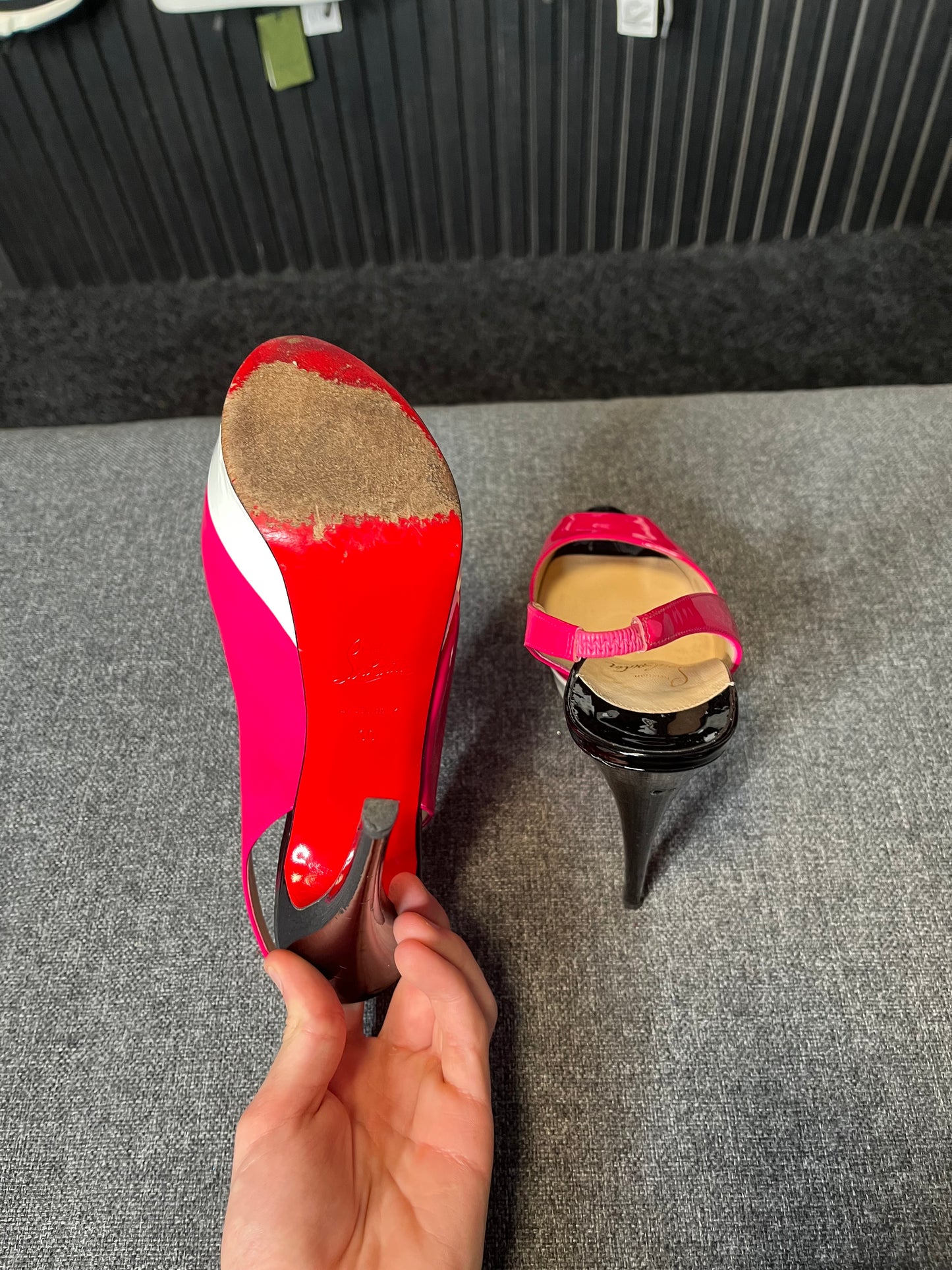Louboutin Lady Peep Sling Tricolore Patent Pumps Size 39 3255