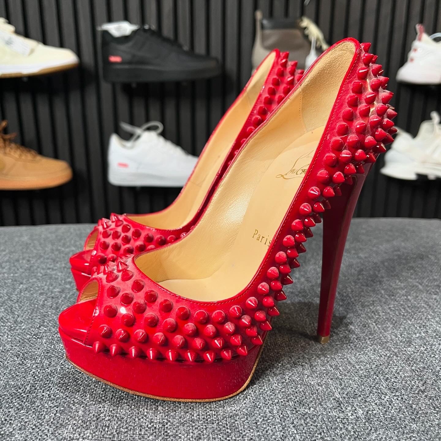 Christian Louboutin Lady Peep Spike Heels Red UK4 EU37
