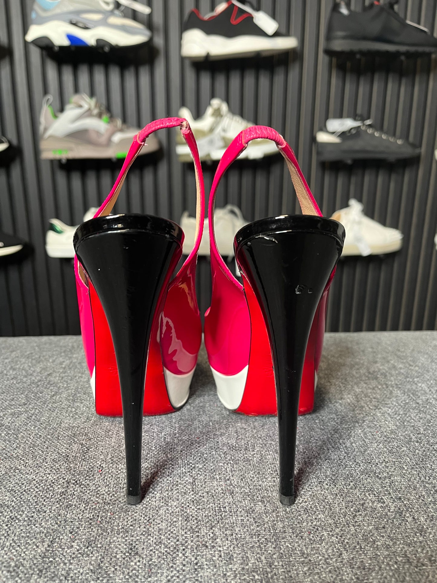 Louboutin Lady Peep Sling Tricolore Patent Pumps Size 39 3255