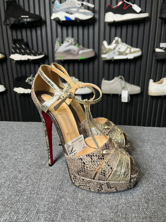 Louboutin Glennalta 150 Gold Glitter Snake Pumps Size 39.5 3256
