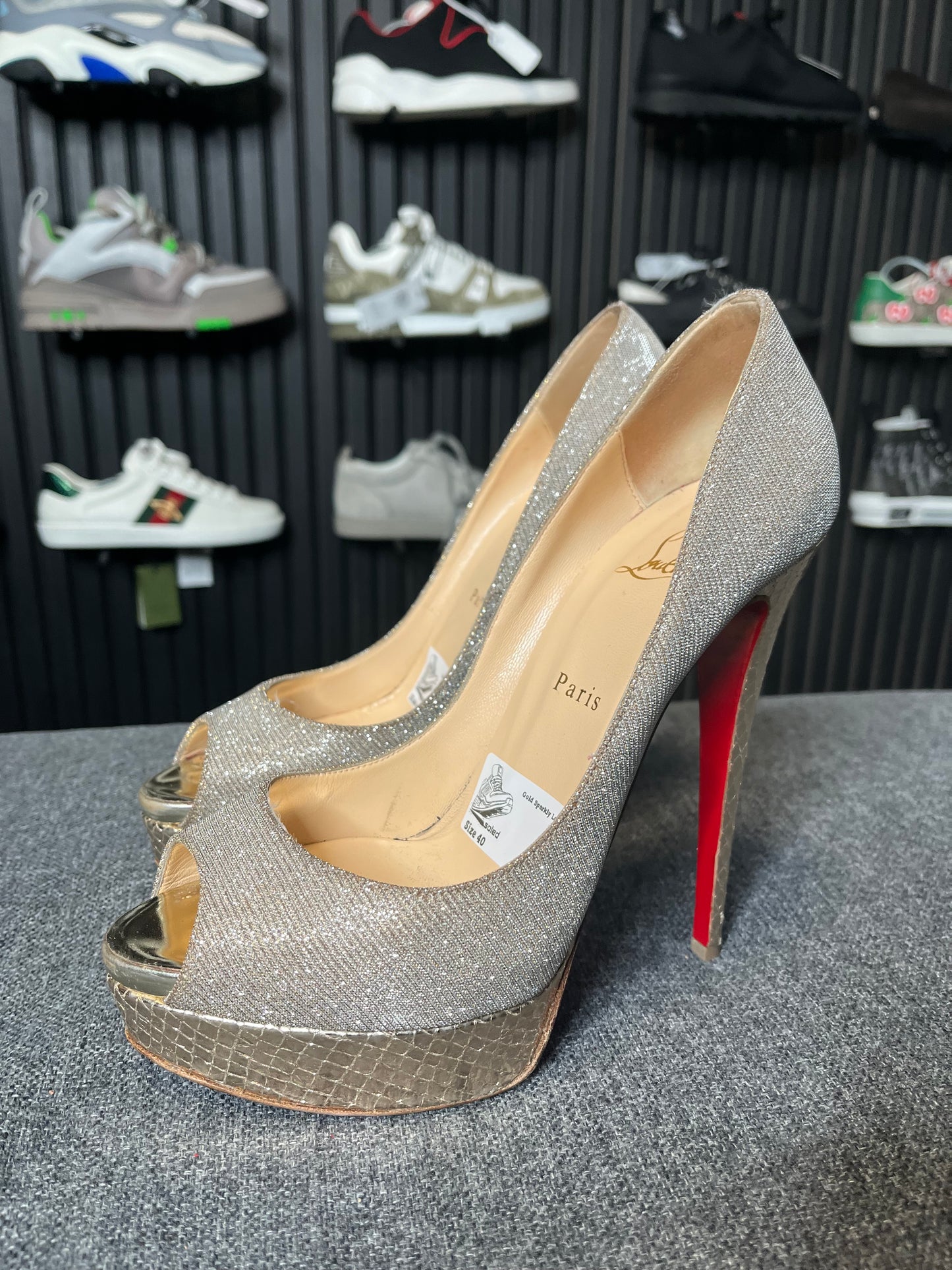 Louboutin Lady Peep 150 Glittex Heels Size 40 3252