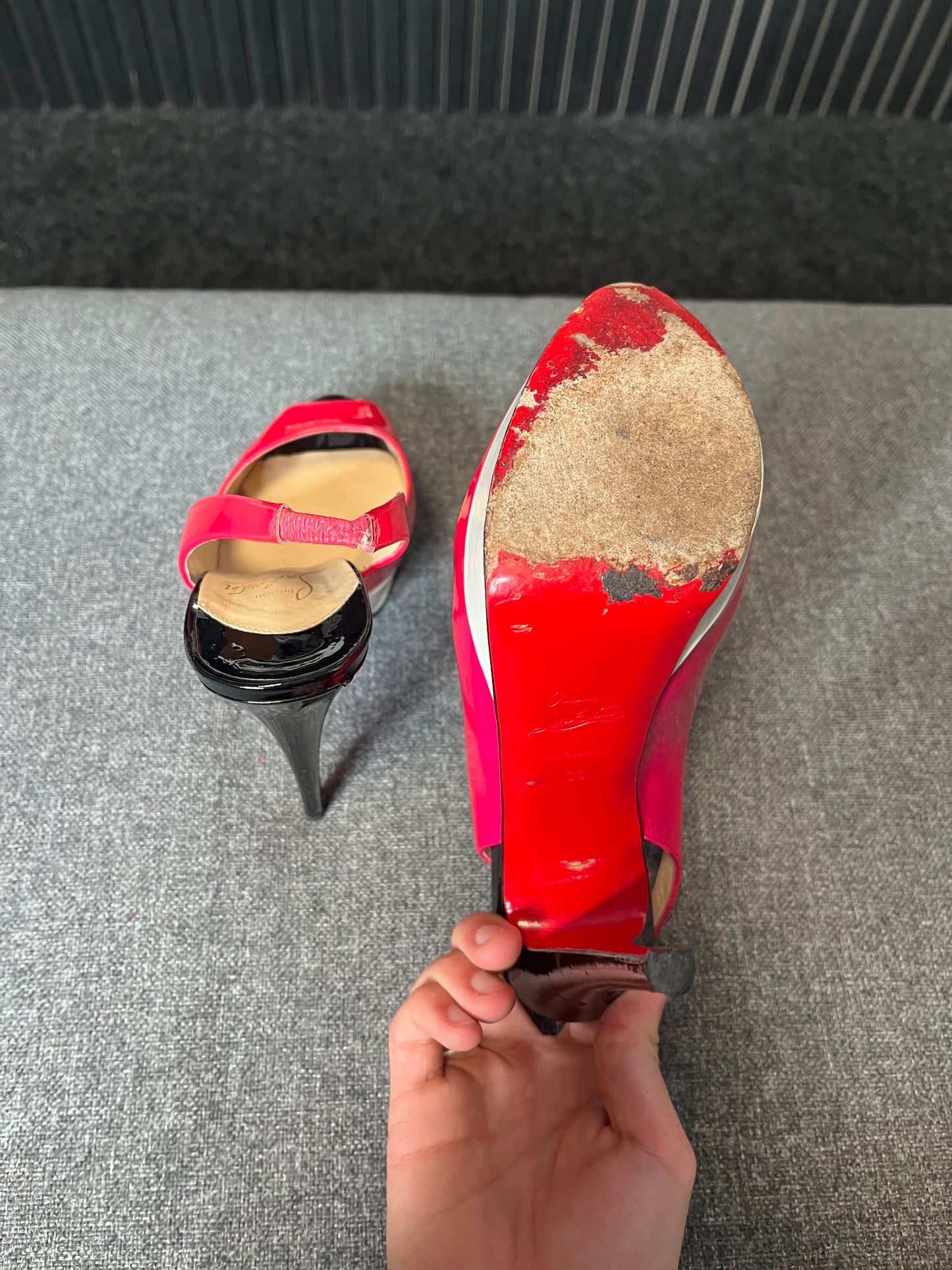 Louboutin Lady Peep Sling Tricolore Patent Pumps Size 39 3255