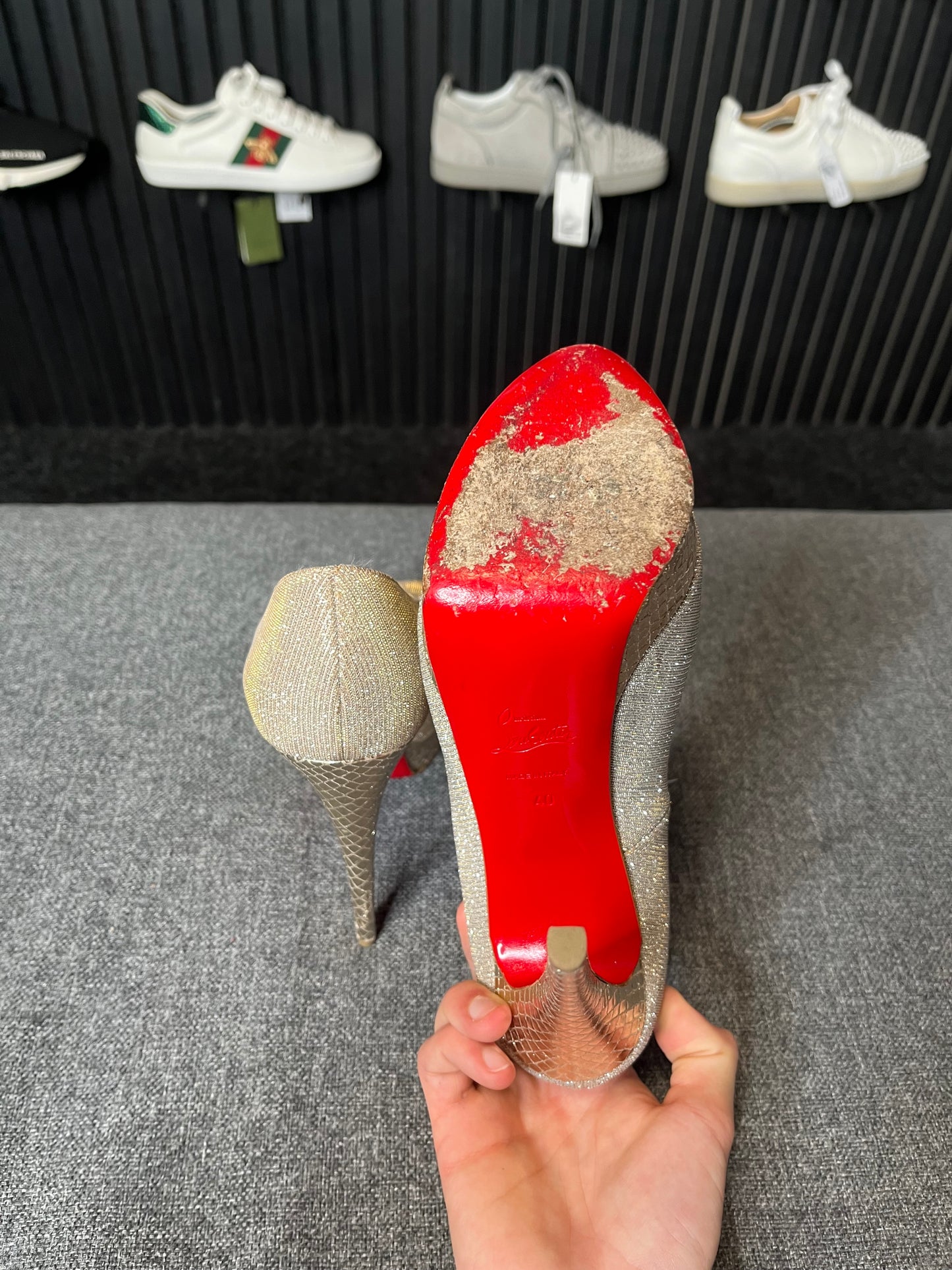 Louboutin Lady Peep 150 Glittex Heels Size 40 3252