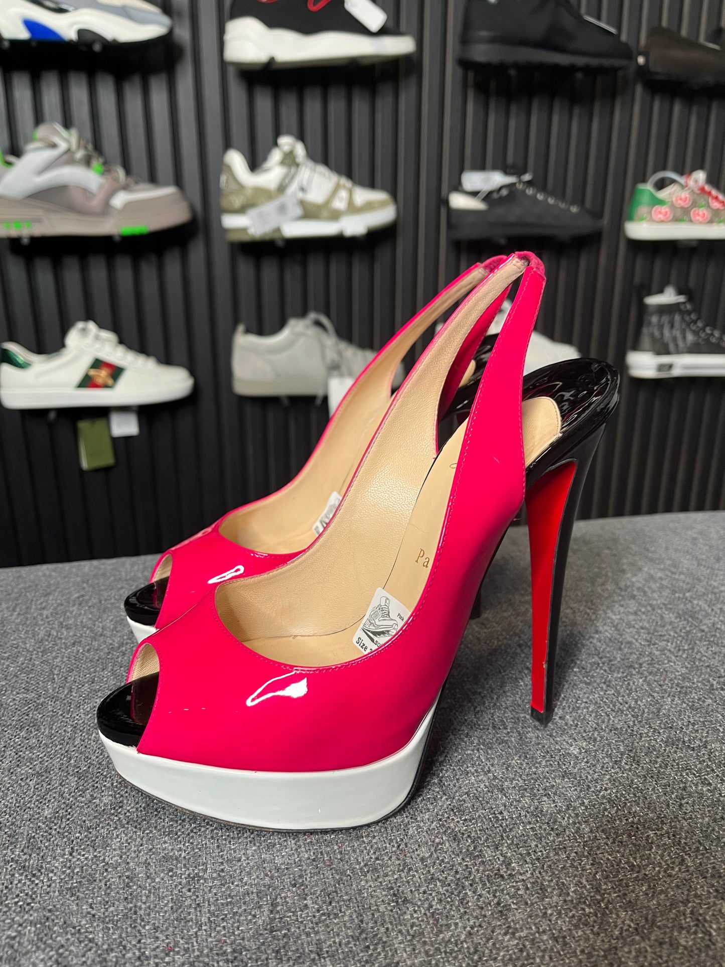 Louboutin Lady Peep Sling Tricolore Patent Pumps Size 39 3255