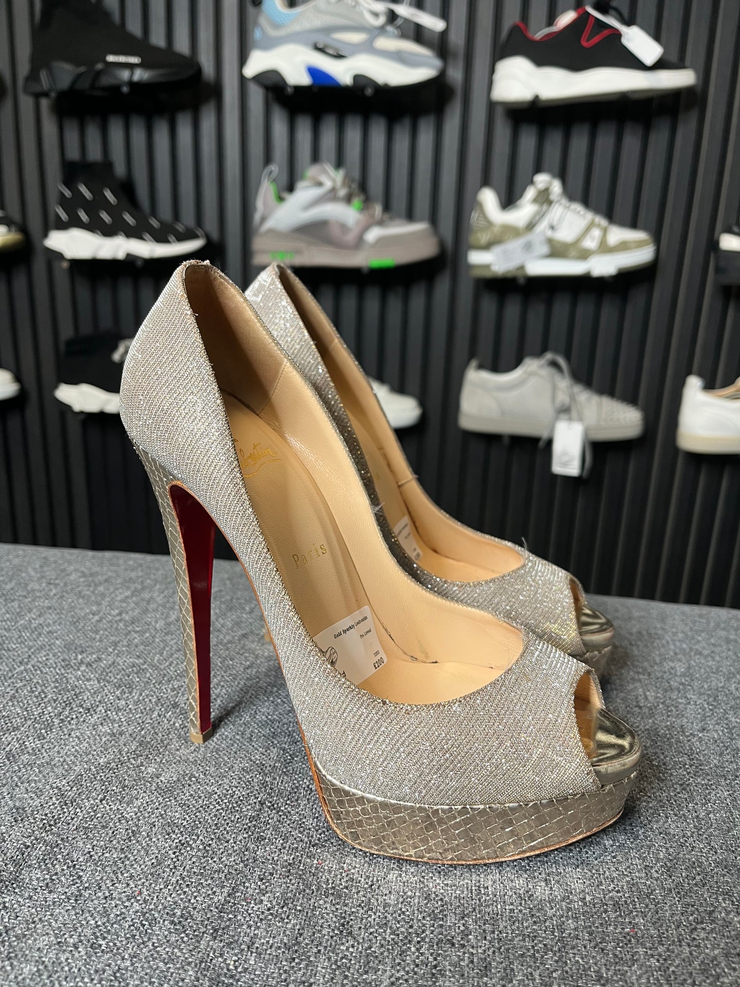 Louboutin Lady Peep 150 Glittex Heels Size 40 3252