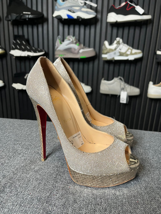 Louboutin Lady Peep 150 Glittex Heels Size 40 3252