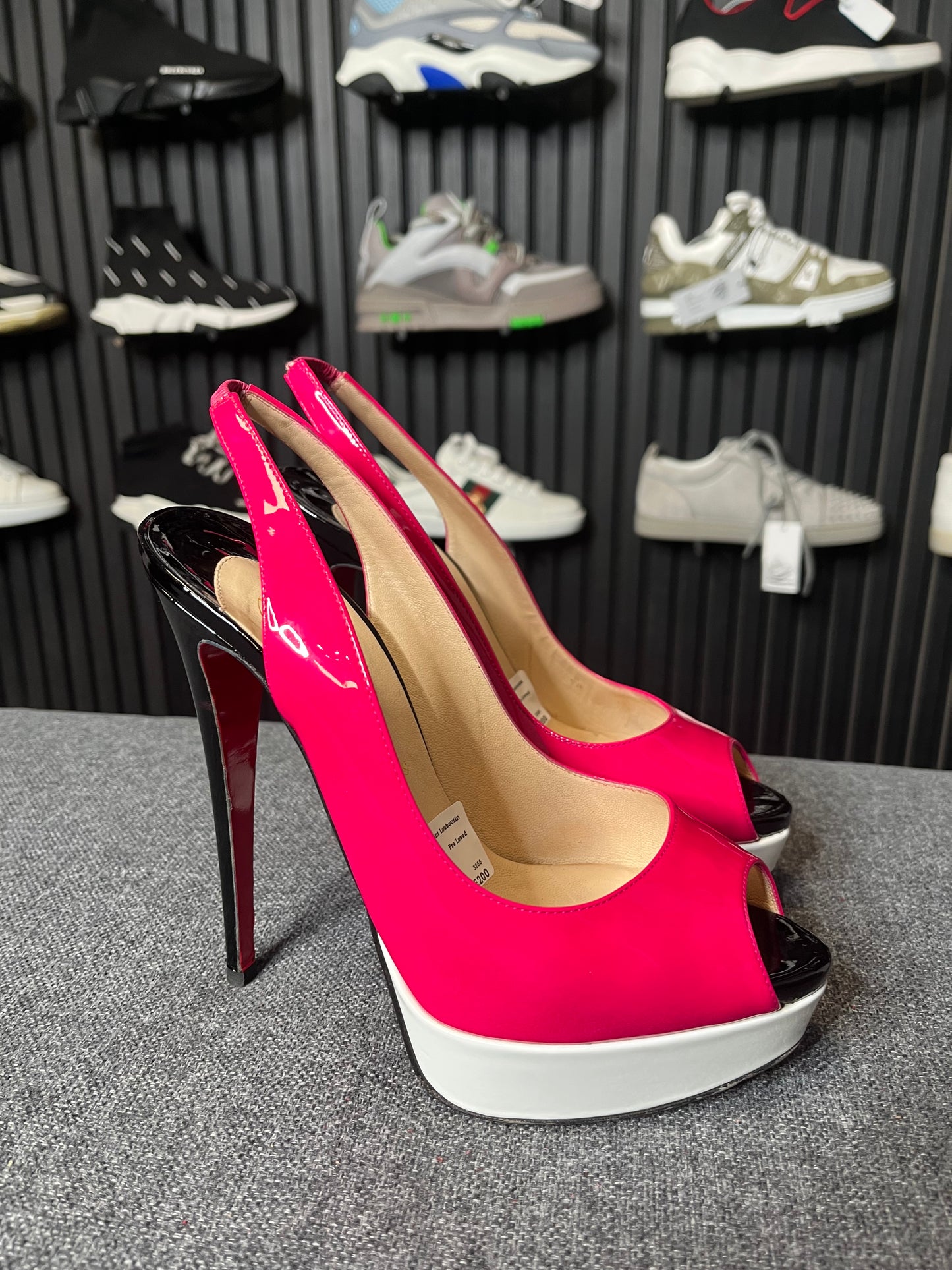 Louboutin Lady Peep Sling Tricolore Patent Pumps Size 39 3255