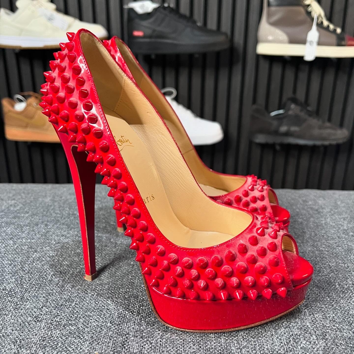 Christian Louboutin Lady Peep Spike Heels Red UK4 EU37