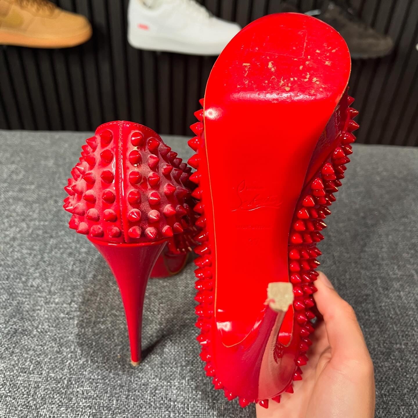 Christian Louboutin Lady Peep Spike Heels Red UK4 EU37