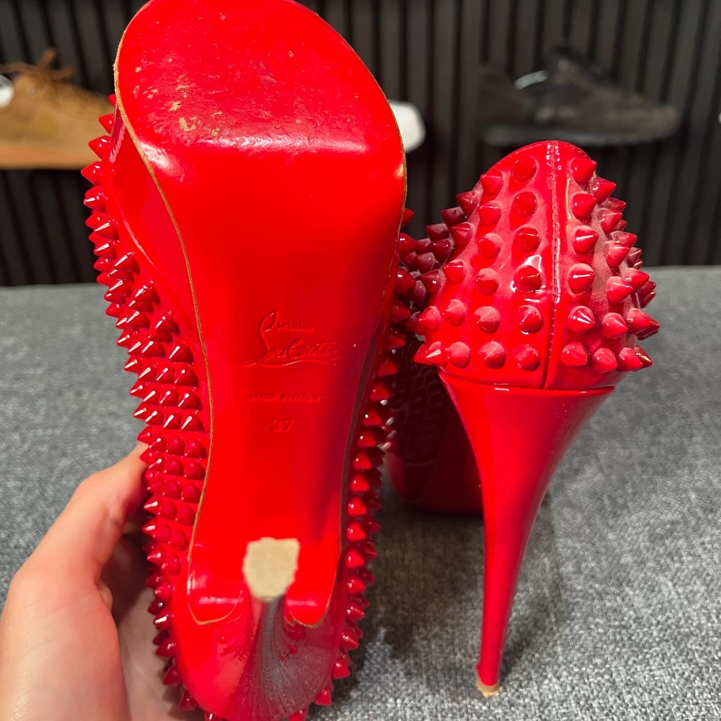 Christian Louboutin Lady Peep Spike Heels Red UK4 EU37